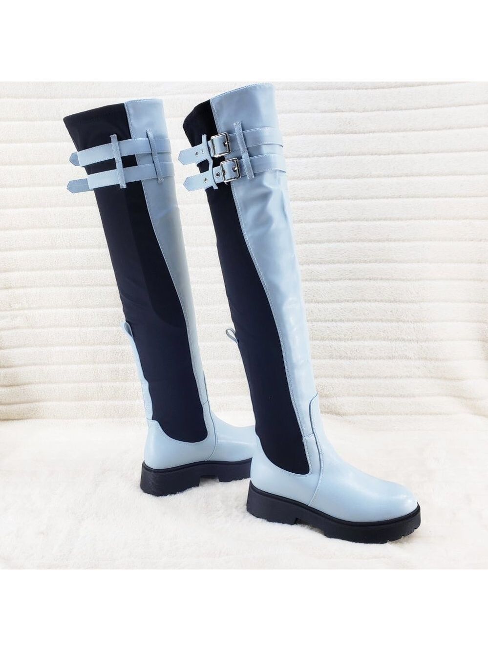 Techno Baby Blue Lycra Stretch Lug Sole Thigh High Combat Rider Brand New - Picture 5 of 16